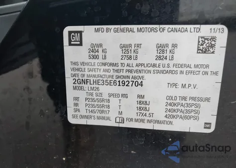 2014 Chevrolet Equinox Ltz из США, поврежденный, VIN 2GNFLHE35E6192704